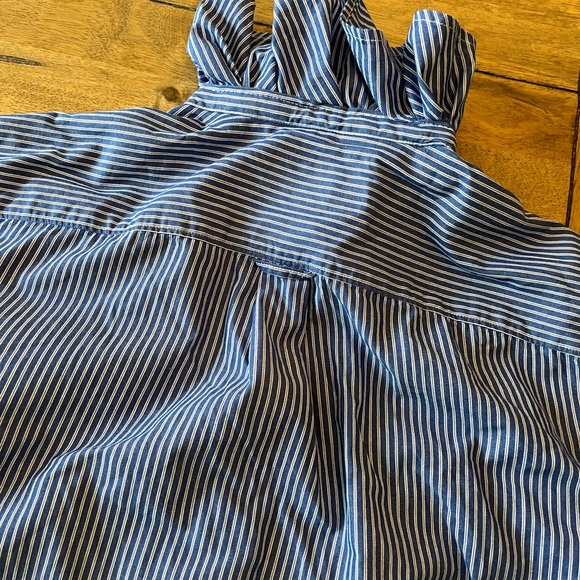 Woman’s Up-Cycled Ruffle Collar Blue Striped Button-Down Shirt with Pocket - Picture 8 of 9